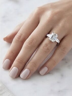Classic 3.83 carat Emerald-Cut Three-Stone lab diamond platinum Engagement Ring,